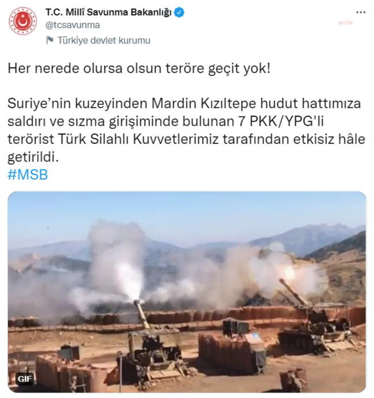 Msb, "7 Pkk/Ypg\'li Teröristin Etkisiz Hale Getirildiğini" Duyurdu