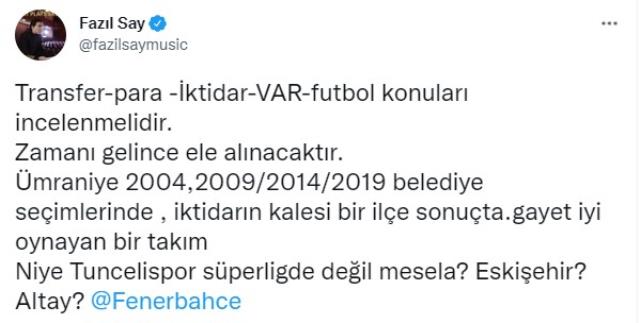 Ünlü piyanist Fazıl Say'ın Fenerbahçe'nin rakibi Ümraniyespor hakkındaki söylemlerine tepki yağıyor