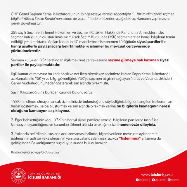 İçişleri'nden Kılıçdaroğlu'na çağrı: Seçmen bilgilerini nasıl temin ettiğini açıklamazsan suç duyurusunda bulunacağız İçişleri'nden Kılıçdaroğlu'na çağrı: Seçmen bilgilerini nasıl temin ettiğini açıklamazsan suç duyurusunda bulunacağız