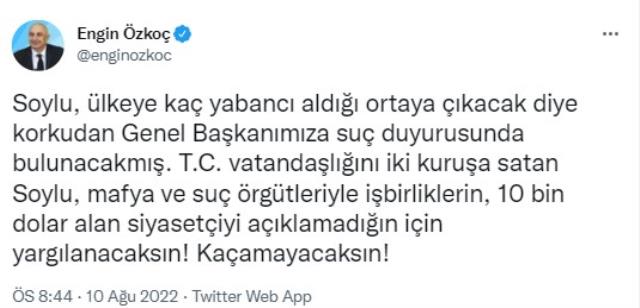 Özkoç'tan, İçişleri Bakanlığı'nın 'Ysk' Açıklamasına Yanıt: 'Soylu, Ülkeye Kaç Yabancı Aldığı Ortaya Çıkacak Diye Korkudan Suç Duyurusunda... Özkoç'tan, İçişleri Bakanlığı'nın 'Ysk' Açıklamasına Yanıt: 'Soylu, Ülkeye Kaç Yabancı Aldığı Ortaya Çıkacak Diye Korkudan Suç Duyurusunda...