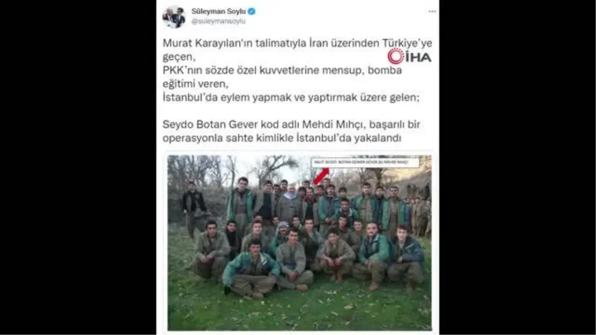 İçişleri Bakanı Soylu: "Murat Karayılan\'ın talimatıyla İran üzerinden Türkiye\'ye geçen, PKK\'nın sözde özel kuvvetlerine mensup, bomba eğitimi veren,...