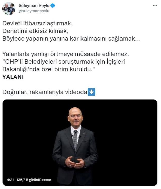 Bakan Soylu'dan Seyit Torun'un 'CHP'li belediyeler için İçişleri'nde birim oluşturuldu' iddiasına videolu yanıt Bakan Soylu'dan Seyit Torun'un 'CHP'li belediyeler için İçişleri'nde birim oluşturuldu' iddiasına videolu yanıt