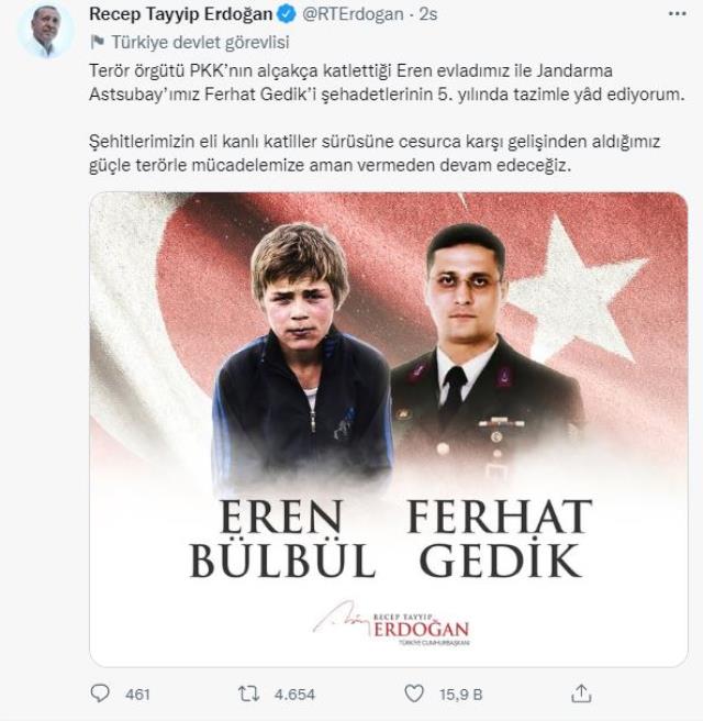 Cumhurbaşkanı Erdoğan'dan Eren Bülbül ve Ferhat Gedik paylaşımı Cumhurbaşkanı Erdoğan'dan Eren Bülbül ve Ferhat Gedik paylaşımı