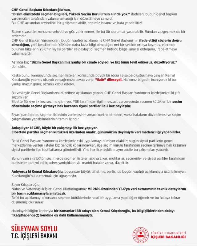 İçişleri Bakanı Soylu'dan, Kılıçdaroğlu'nun seçmen listeleriyle ilgili sözlerine ilişkin açıklama Açıklaması İçişleri Bakanı Soylu'dan, Kılıçdaroğlu'nun seçmen listeleriyle ilgili sözlerine ilişkin açıklama Açıklaması