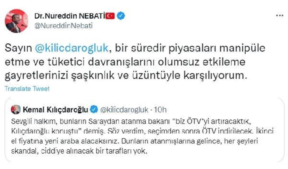 Hazine ve Maliye Bakanı Nebati\'den CHP Genel Başkanı Kılıçdaroğlu\'na "ÖTV" yanıtı Açıklaması