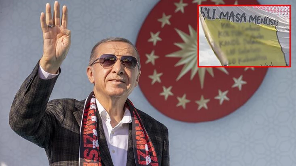 Cumhurbaşkanı Erdoğan meydandaki pankartı gösterip 6\'lı masayı eleştirdi