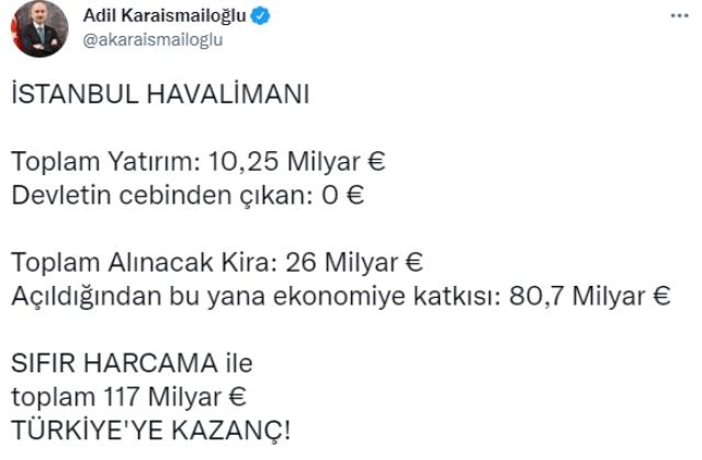 İstanbul Havalimanı, hiç maliyet harcanmadan Türkiye'ye 117 milyar avro kazanç sağladı