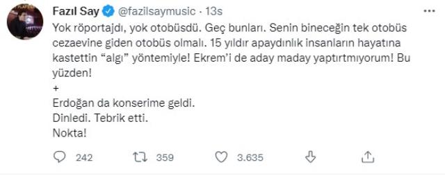 Nagehan Alçı'nın kendisi için kullandığı ifadeler, Fazıl Say'ı çıldırttı: Ekrem'i aday maday yaptırtmıyorum