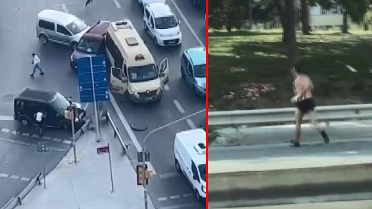 Trafikteki silahlı kavga kazaya sebep oldu! Şüphelilerden biri yarı çıplak şekilde uzaklaştı