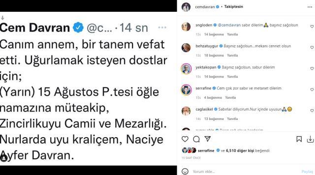 Oyuncu Cem Davran'ın annesi hayatını kaybetti