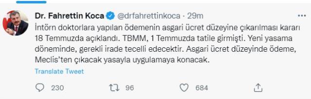 Stajyer doktorlara 1500 TL yatırılması ortalığı karıştırdı, Bakan Koca hemen yanıt verdi Stajyer doktorlara 1500 TL yatırılması ortalığı karıştırdı, Bakan Koca hemen yanıt verdi