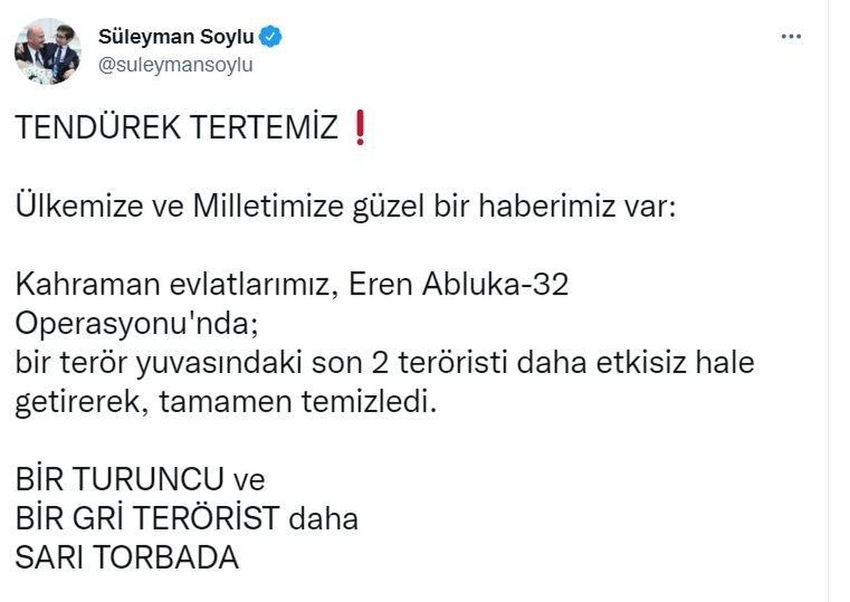 Bakan Soylu: "Bir turuncu ve bir gri terörist daha sarı torbada"