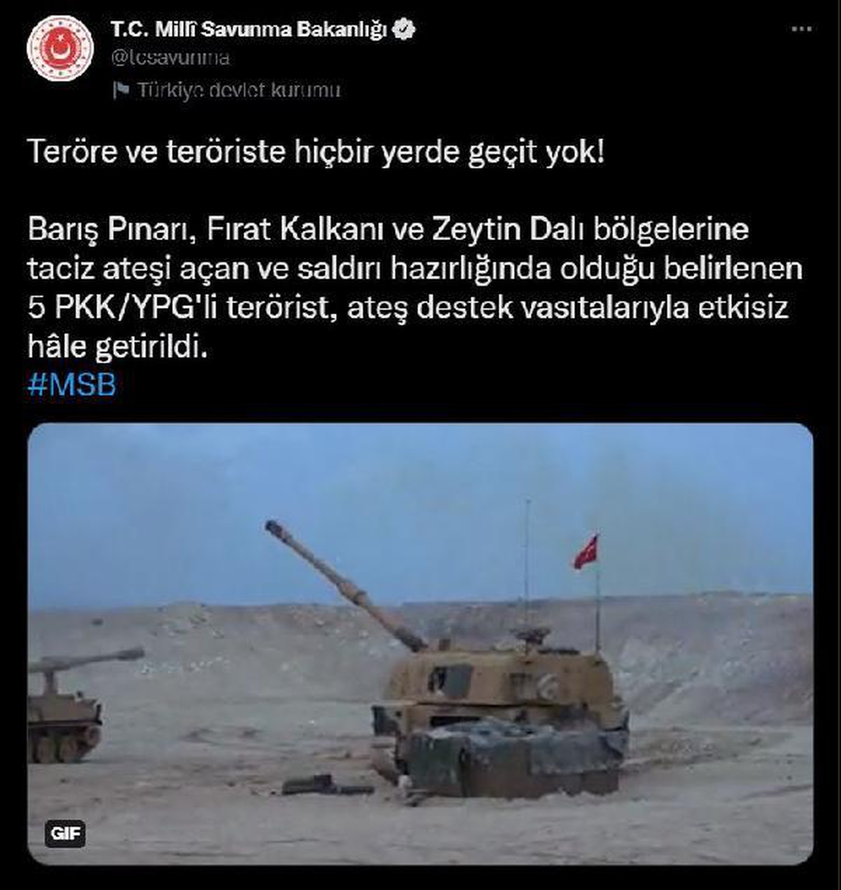 MSB: 5 PKK/YPG\'li terörist etkisiz hale getirildi