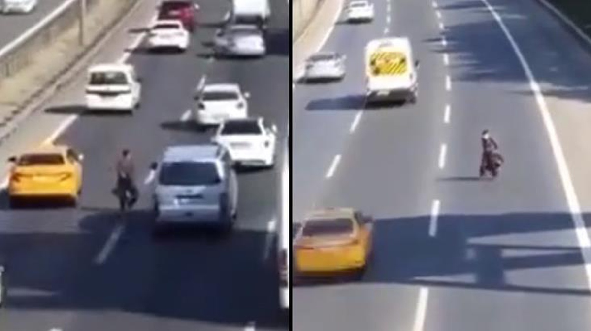 TEM\'in ortasından yürüyen yaya, kazaya sebep oldu! Hiç istifini bozmadı