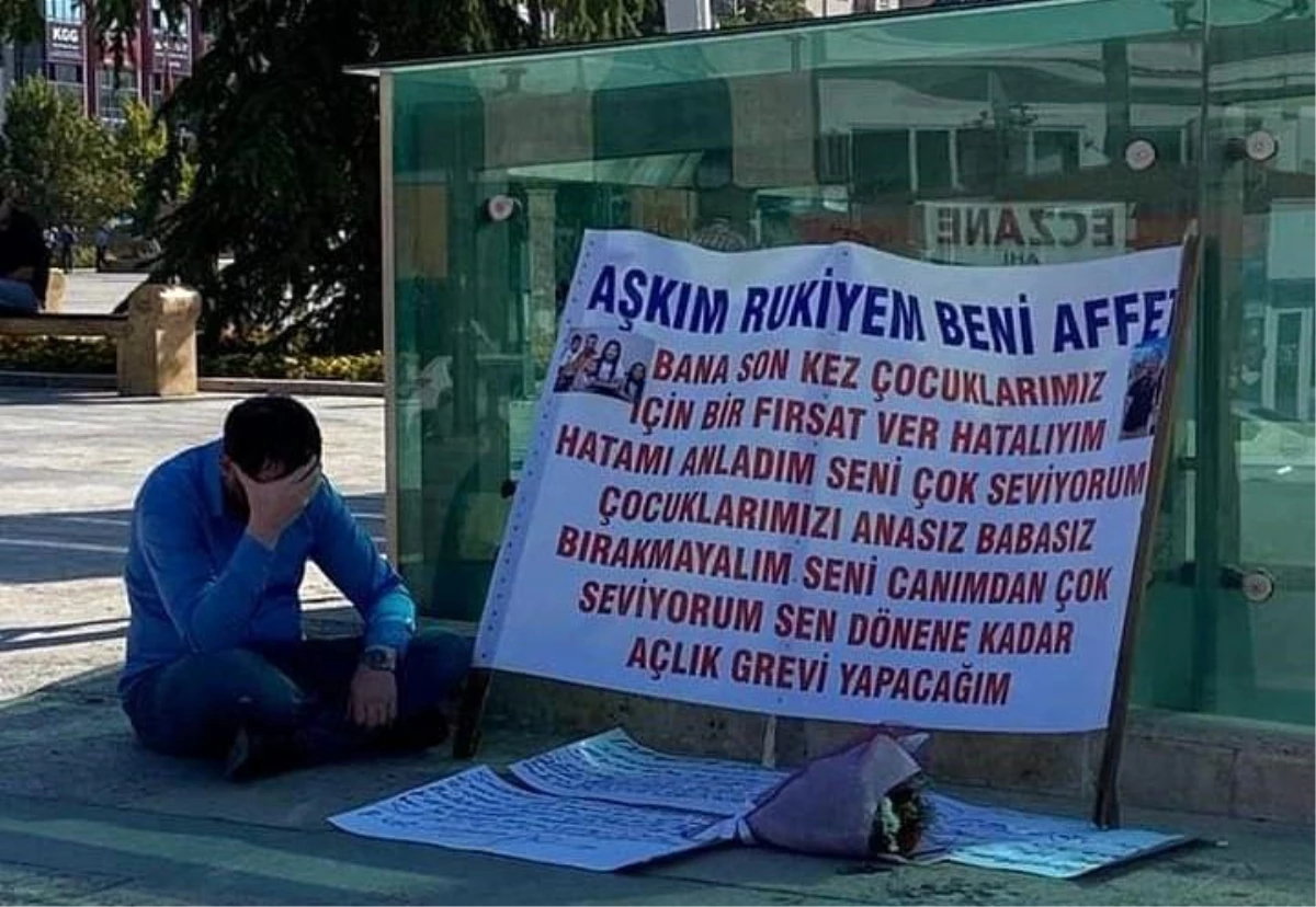 Kırşehir\'de bir adam, kendisini terk eden eşinden pankart açıp özür diledi: Hatamı anladım, sen dönene kadar açlık grevi yapacağım