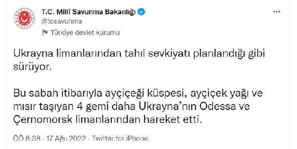 MSB: Ukrayna\'dan 4 gemi daha hareket etti