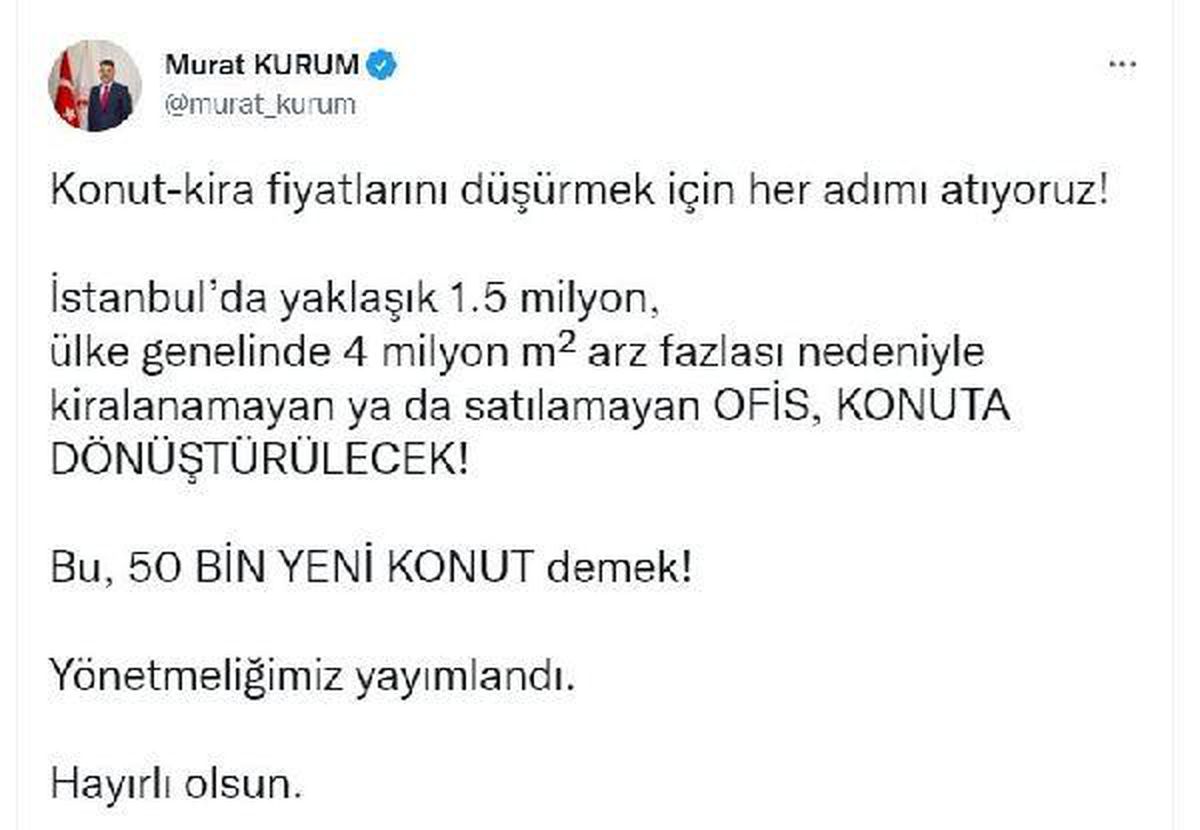 Bakan Kurum: Kiralanamayan ve satılamayan ofis, konuta dönüştürülecek