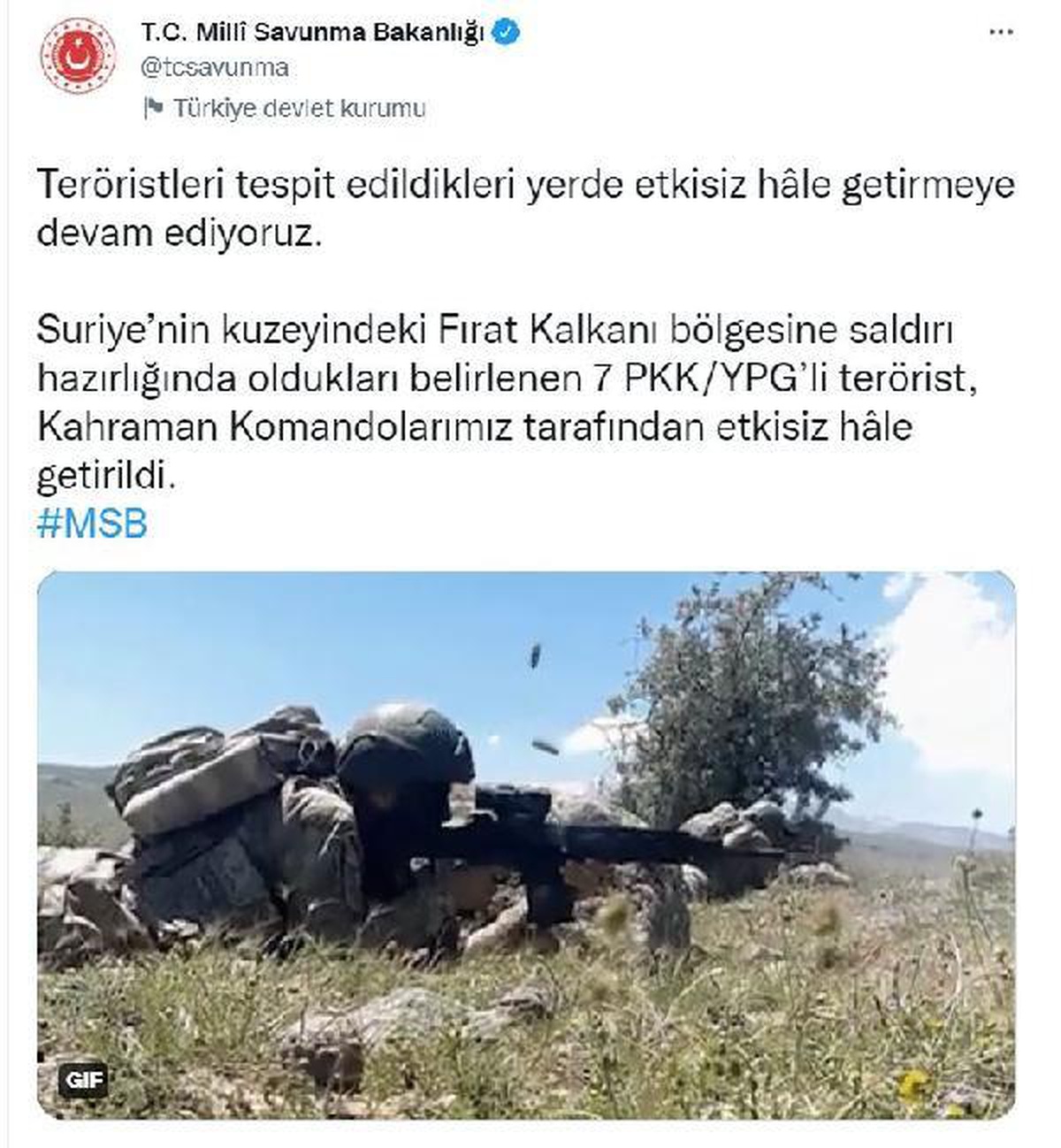 MSB: PKK/YPG\'li 7 terörist, etkisiz hale getirildi