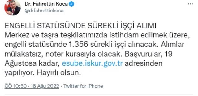 Sağlık Bakanlığı'na 1.356 engelli sürekli işçi alımı yapılacak Sağlık Bakanlığı'na 1.356 engelli sürekli işçi alımı yapılacak