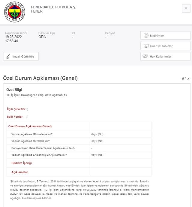 Son Dakika: Fenerbahçe, 3 Temmuz dönemindeki zararlar nedeniyle İçişleri Bakanlığı'na dava açtı