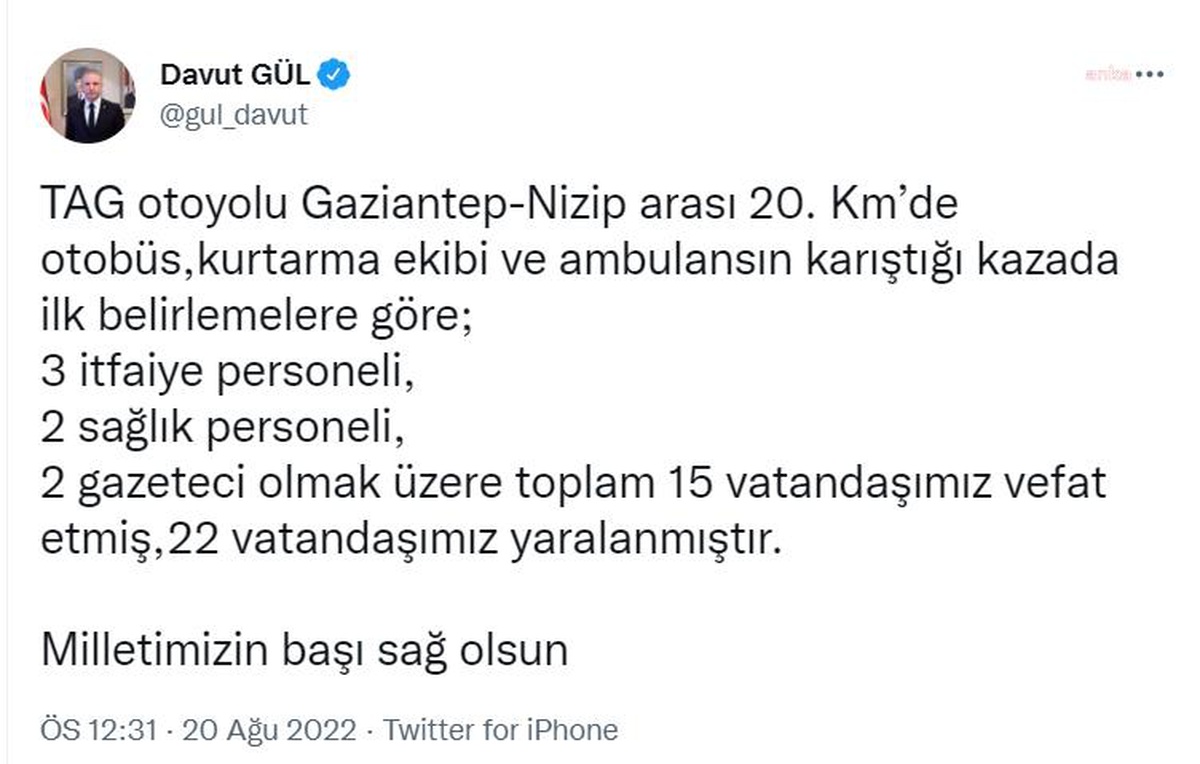 Gaziantep\'te Yaşanan Trafik Kazasında 15 Kişi Hayatını Kaybetti