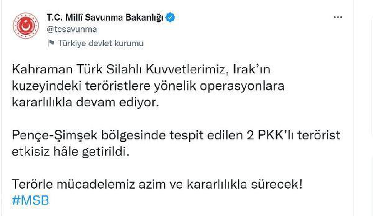 Irak\'ın kuzeyinde 2 terörist etkisiz hale getirildi