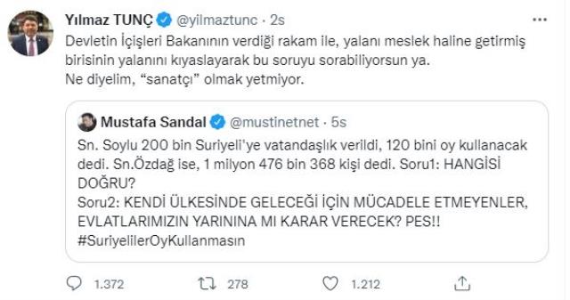 Mustafa Sandal ile AK Partili Tunç arasındaki Suriyeli tartışmasına Ümit Özdağ da dahil oldu Mustafa Sandal ile AK Partili Tunç arasındaki Suriyeli tartışmasına Ümit Özdağ da dahil oldu