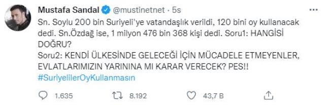 Mustafa Sandal ile AK Partili Tunç arasındaki Suriyeli tartışmasına Ümit Özdağ da dahil oldu Mustafa Sandal ile AK Partili Tunç arasındaki Suriyeli tartışmasına Ümit Özdağ da dahil oldu
