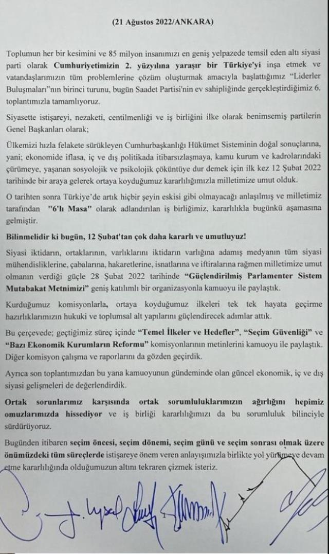 İlk turun son toplantısında bir araya gelen 6'lı masa toplantısı sonrası ortak açıklama