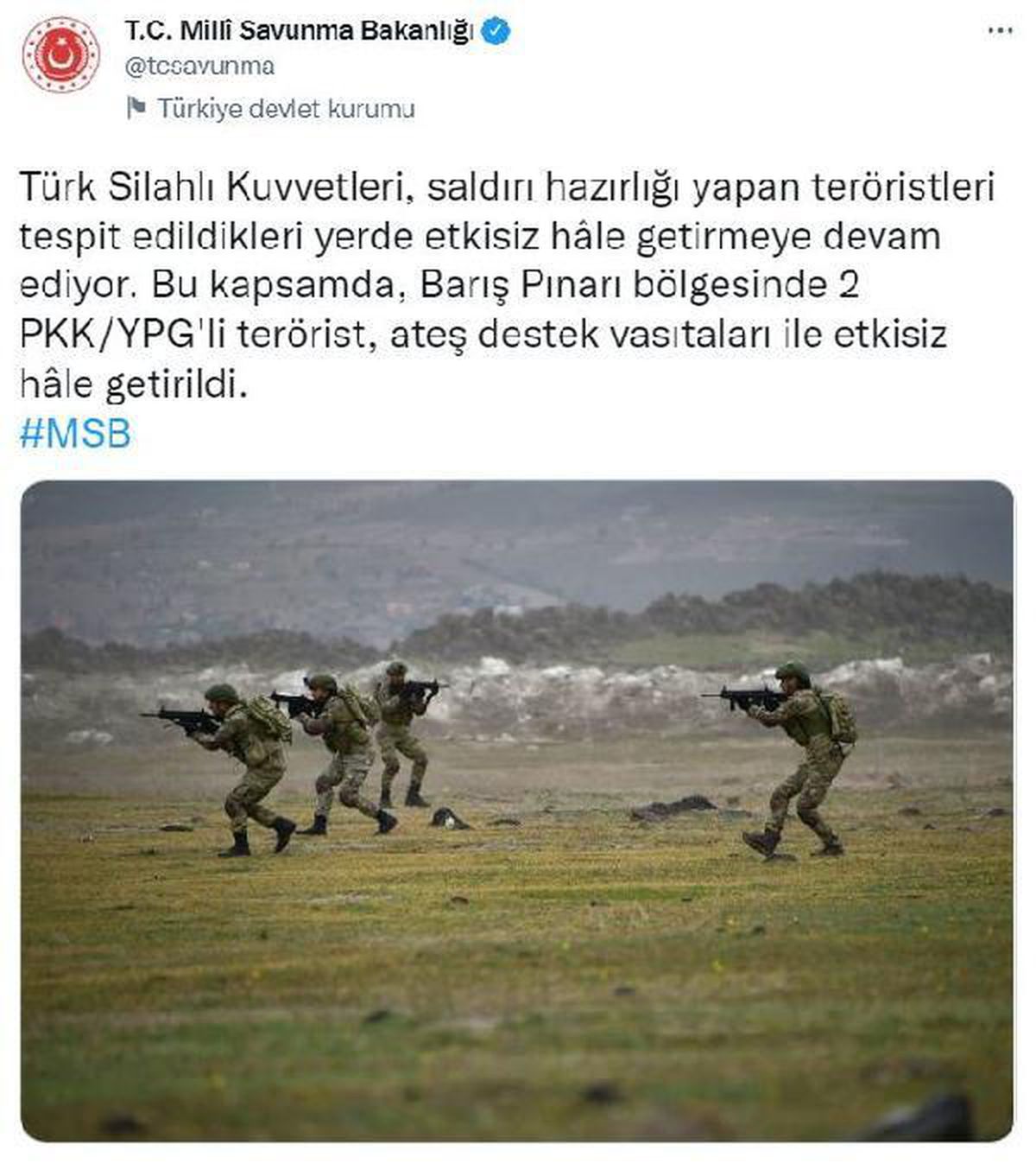 Barış Pınarı bölgesinde 2 terörist etkisiz hale getirildi