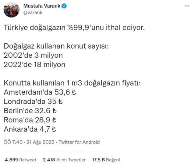 Bakan Varank rakamlarla duyurdu! Türkiye, Avrupa'dan çok daha düşük fiyatta doğal gaz kullanıyor