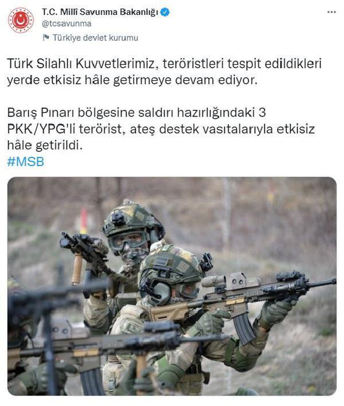 MSB: Saldırı hazırlığındaki 3 terörist etkisiz hale getirildi