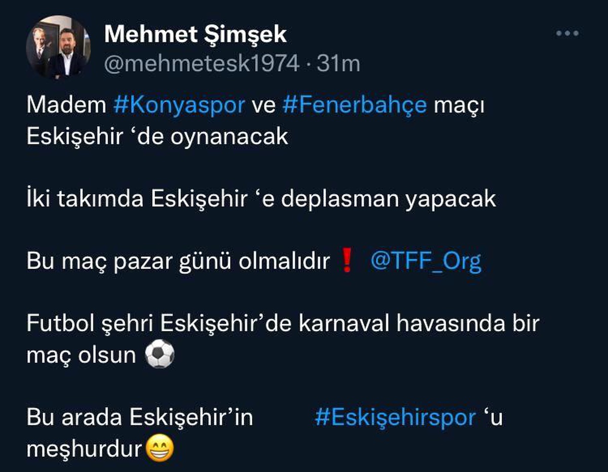 Başkan Şimşek\'ten "Konyaspor-Fenerbahçe" maçının pazar günü oynanması talebi