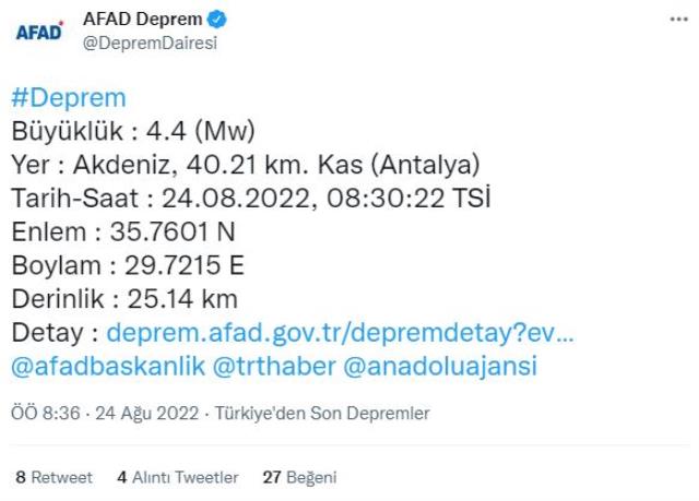Antalya deprem meydana geldi Antalya deprem meydana geldi