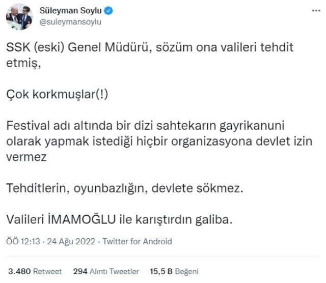 Bakan Soylu'dan Kılıçdaroğlu'na festival yanıtı: SSK (eski) Genel Müdürü, sözüm ona valileri tehdit etmiş Bakan Soylu'dan Kılıçdaroğlu'na festival yanıtı: SSK (eski) Genel Müdürü, sözüm ona valileri tehdit etmiş