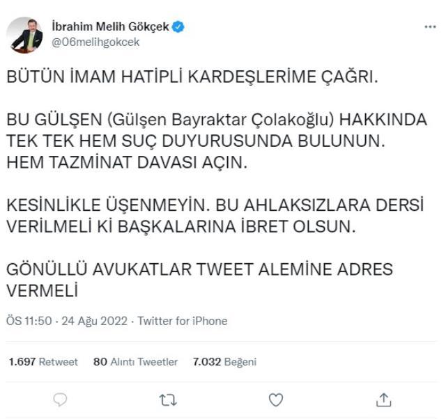 Melih Gökçek, Gülşen'in tepki çeken sözlerinden sonra İmam Hatip öğrencilerine çağrıda bulundu