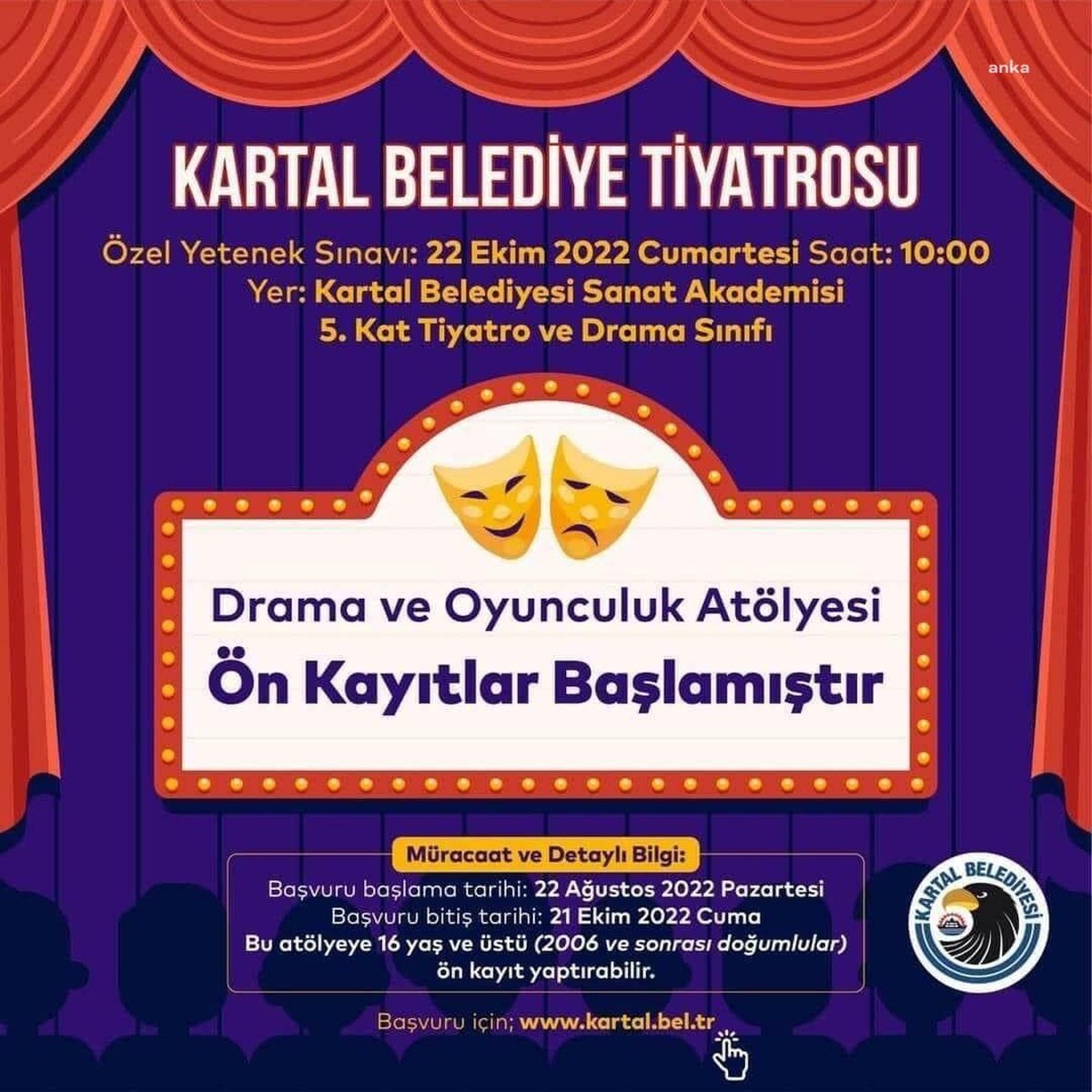 Kartal Belediye Tiyatrosu Drama ve Oyunculuk Atölyesi Ön Kayıtları Başladı