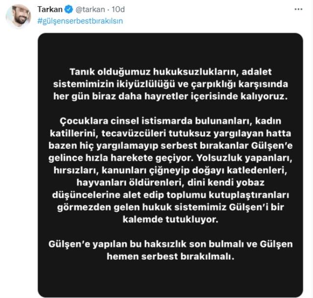 Tarkan'dan yakın arkadaşı Gülşen'in tutuklanmasına sert tepki: Hemen serbest bırakılmalı Tarkan'dan yakın arkadaşı Gülşen'in tutuklanmasına sert tepki: Hemen serbest bırakılmalı