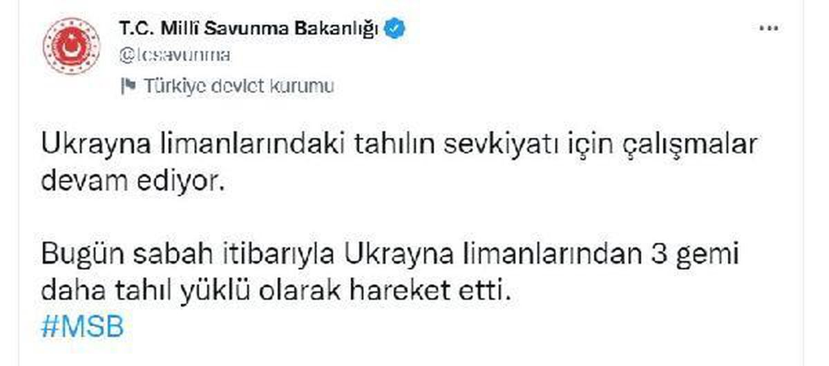 Tahıl sevkiyatı kapsamında Ukrayna\'dan 3 gemi daha hareket etti