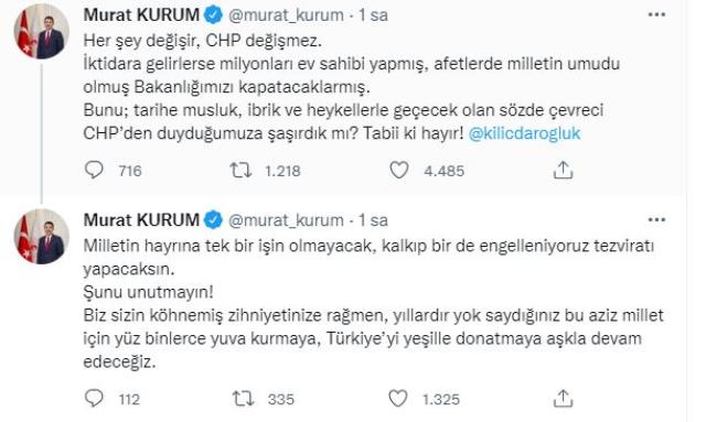 Bakan Kurum'dan Kılıçdaroğlu'nun 'Çevre ve Şehircilik Bakanlığı'nı kapatacağız' çıkışına yanıt Bakan Kurum'dan Kılıçdaroğlu'nun 'Çevre ve Şehircilik Bakanlığı'nı kapatacağız' çıkışına yanıt