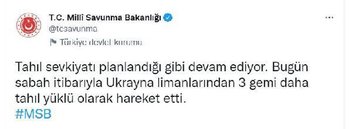 MSB: Tahıl yüklü 3 gemi, Ukrayna\'dan hareket etti