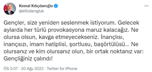 Kılıçdaroğlu'ndan gençlere 'provokasyon' uyarısı: Gelecek aylarda ne olursa olsun sakın oyuna gelmeyin Kılıçdaroğlu'ndan gençlere 'provokasyon' uyarısı: Gelecek aylarda ne olursa olsun sakın oyuna gelmeyin