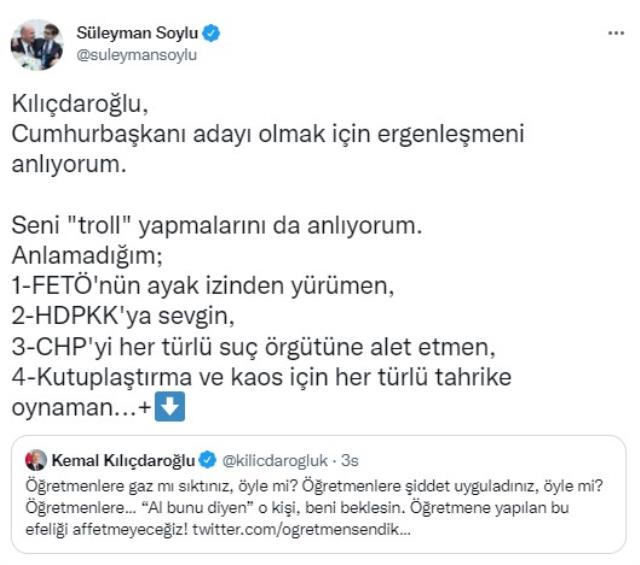 Özel sektör öğretmenlerinin gözaltına alınmasına tepki gösteren Kılıçdaroğlu'na Bakan Soylu'dan yanıt gecikmedi Özel sektör öğretmenlerinin gözaltına alınmasına tepki gösteren Kılıçdaroğlu'na Bakan Soylu'dan yanıt gecikmedi