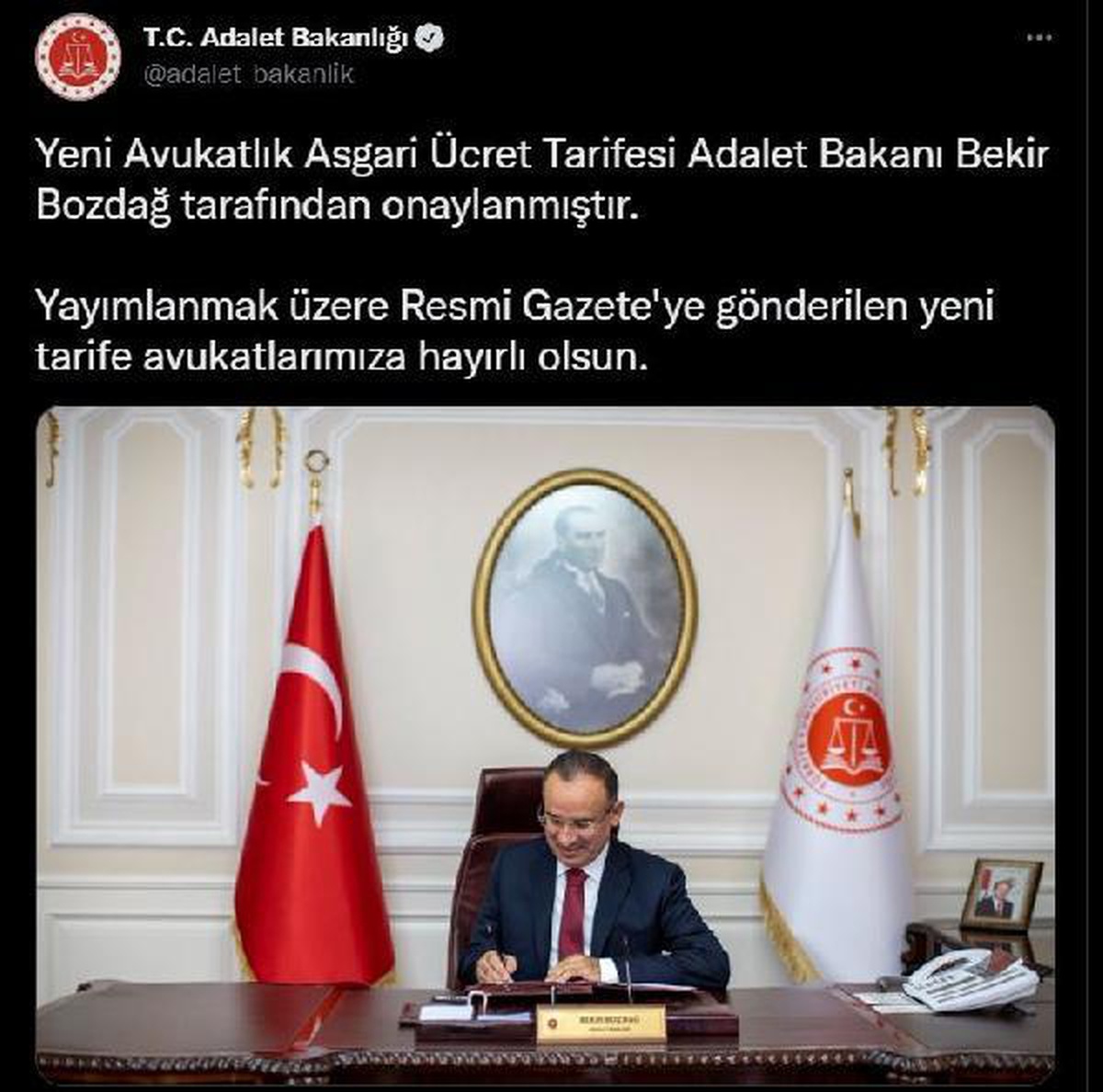 Yeni Avukatlık Asgari Ücret Tarifesi Adalet Bakanı Bozdağ tarafından onaylandı