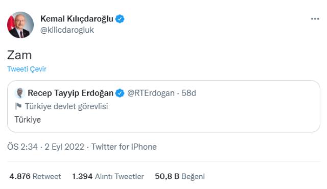 Akıma katılan Kılıçdaroğlu, Cumhurbaşkanı Erdoğan'ın 'Türkiye' tweetini alıntılayıp 'Zam' yazdı Akıma katılan Kılıçdaroğlu, Cumhurbaşkanı Erdoğan'ın 'Türkiye' tweetini alıntılayıp 'Zam' yazdı