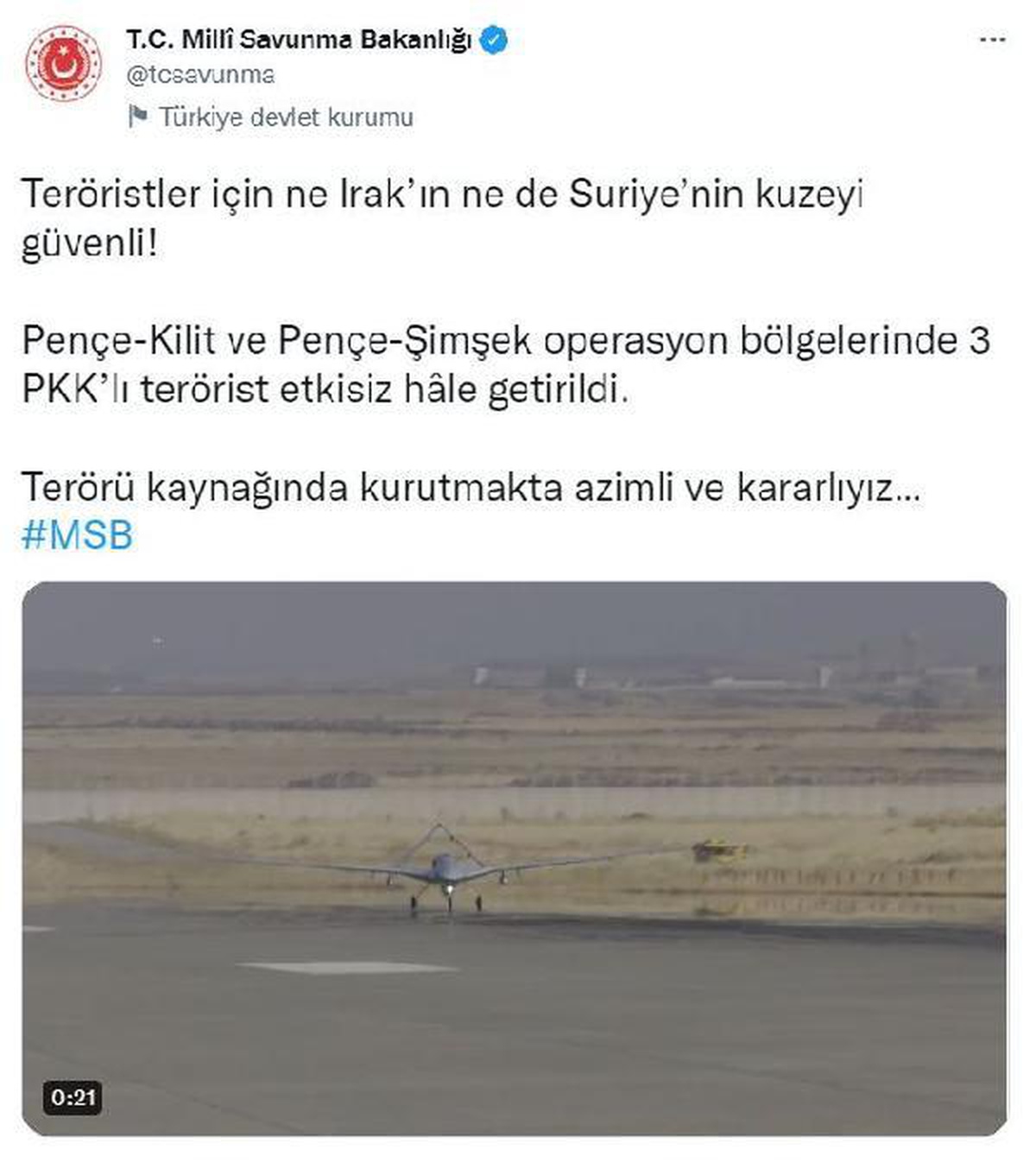 MSB: PKK\'lı 3 terörist etkisiz hale getirildi