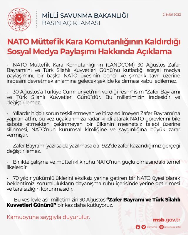 NATO'nun 30 Ağustos paylaşımını kaldırmasına MSB'den sert tepki: Kabul edilemez NATO'nun 30 Ağustos paylaşımını kaldırmasına MSB'den sert tepki: Kabul edilemez