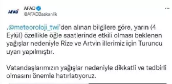 AFAD'dan Rize ve Artvin için 'Turuncu' uyarı