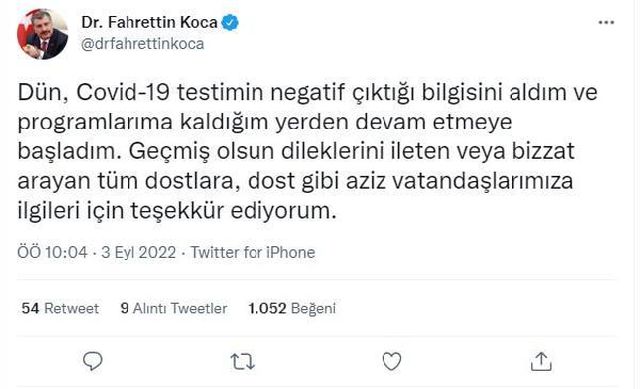 Fahrettin Koca, Covid-19 Testinin Negatif Çıktığını Duyurdu Fahrettin Koca, Covid-19 Testinin Negatif Çıktığını Duyurdu