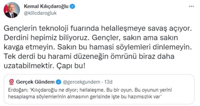 Kılıçdaroğlu, 'Helalleşme bir oyun' diyen Cumhurbaşkanı Erdoğan'a tepki gösterip gençlere seslendi Kılıçdaroğlu, 'Helalleşme bir oyun' diyen Cumhurbaşkanı Erdoğan'a tepki gösterip gençlere seslendi